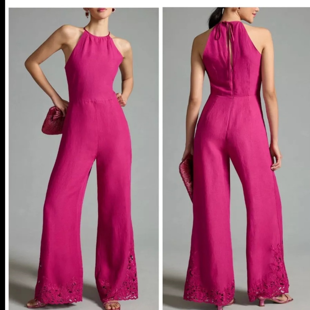 Anthropologie linen cutwork jumpsuit sz 8